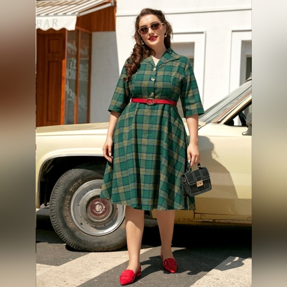 SHEIN Curve 3X Green/Yellow Tartan Plaid Collared Short Sleeve Midi A-Line Dress - Picture 3 of 4